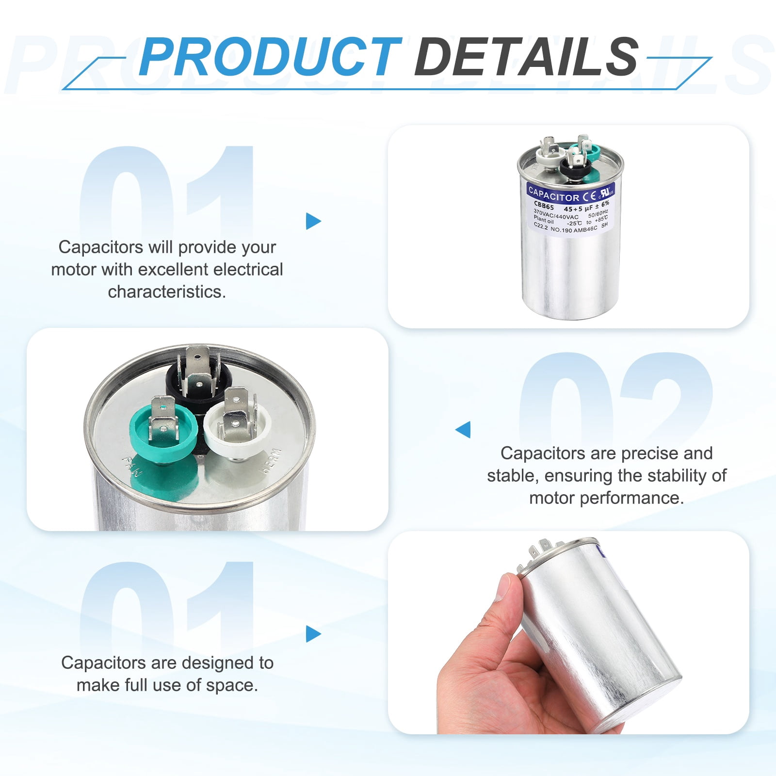 Uxcell 2Pcs 45+5MFD CBB65 Run Start Capacitor 45+5uF, 370/440V Round AC Capacitor for AC Motor Run, HVAC, Air Conditioner, Condenser Motors