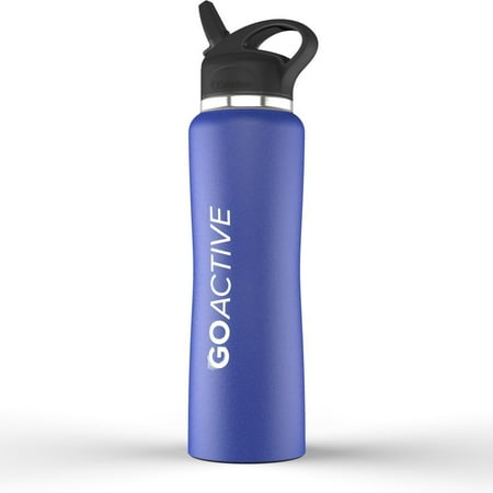 Stainless Steel Jacketed Tank - GO Active Insulated Water Bottle with Straw. Stainless Steel Double Wall Sport Bottle Keeps ice Cubes Over 24 Hours! Powder Coat Blue 32 oz