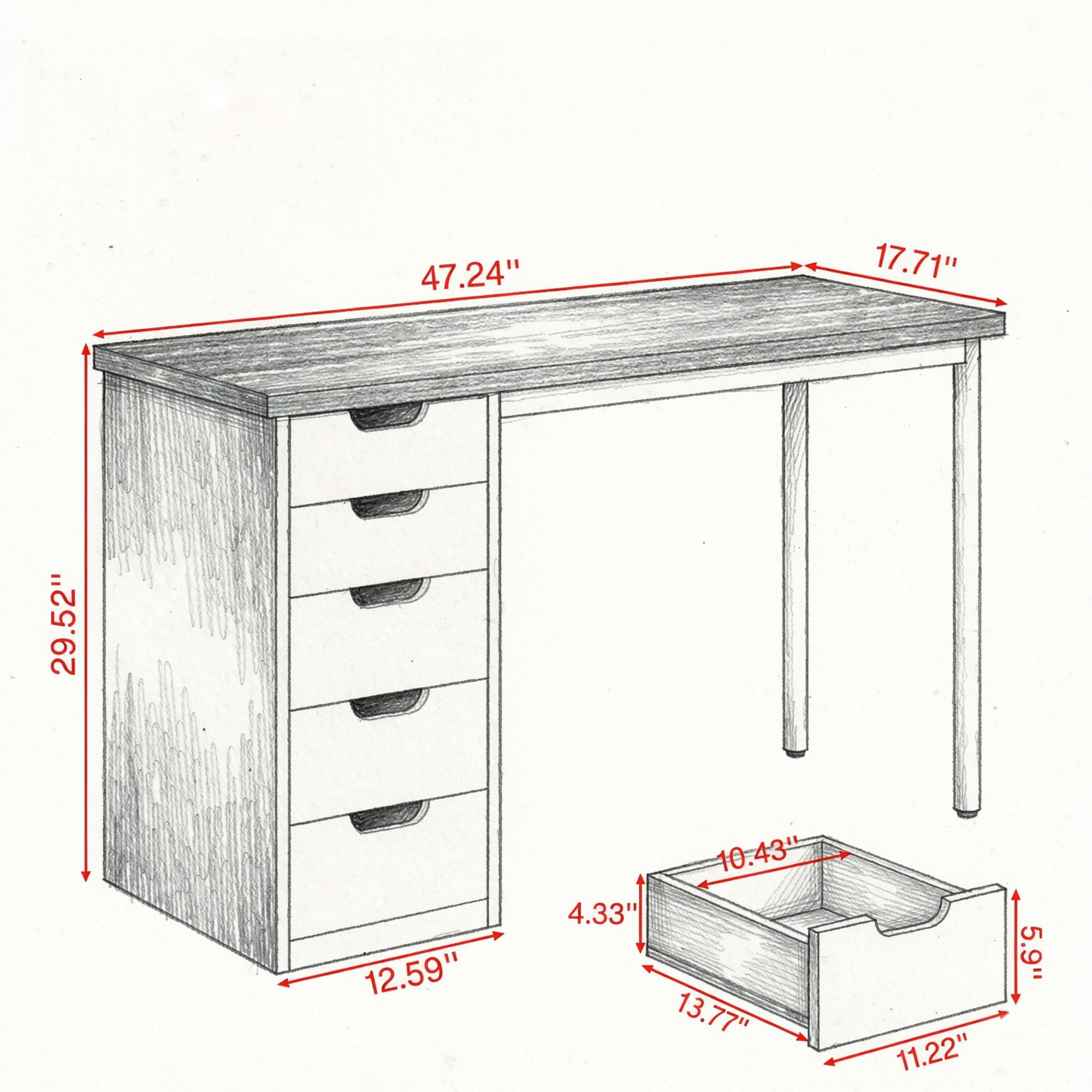 47 Inch Modern Computer Desk with 5 Reversible Drawers, Study Writing Table for Home Office