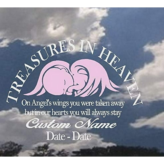Memory of Decal : On Angel's Wings you were taken away, Custom Name and Date: 7.5" x 11" Window Decal (White Lt Pink)