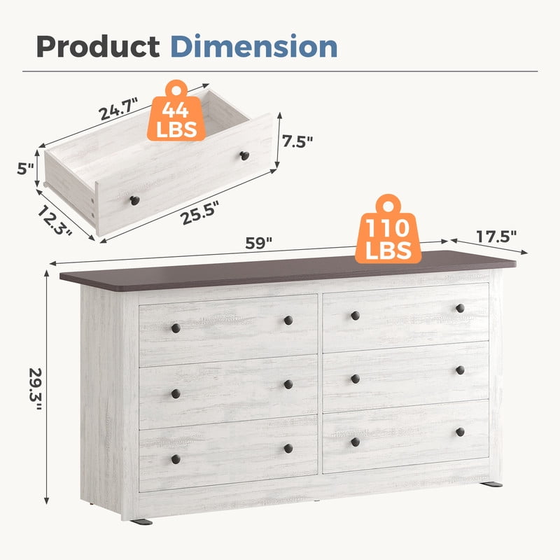 Gianna Dresser for Bedroom with 6 Drawers 59 Inch Chest of Drawers Wooden Dressers for Closet Living Room，White