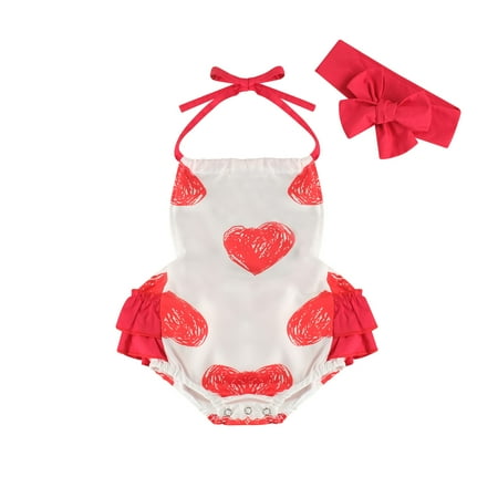 

Bagilaanoe Newborn Baby Girl Valentine s Day Rompers Heart Pattern Sleeveless Ruffle Bodysuits + Headband 6M 12M 18M 24M Infant Backless One Piece Short Jumpsuit