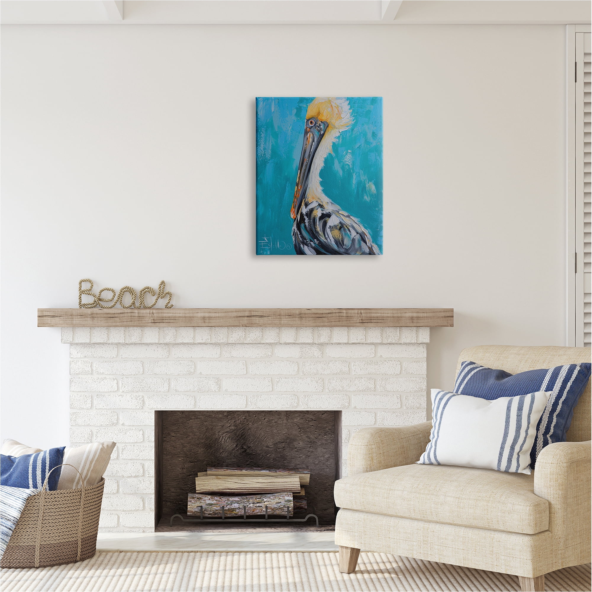 Stupell Industries Blue Pelican Painting Animals & Insects Painting Gallery Wrapped Canvas Art Print Wall Art, 24 x 30