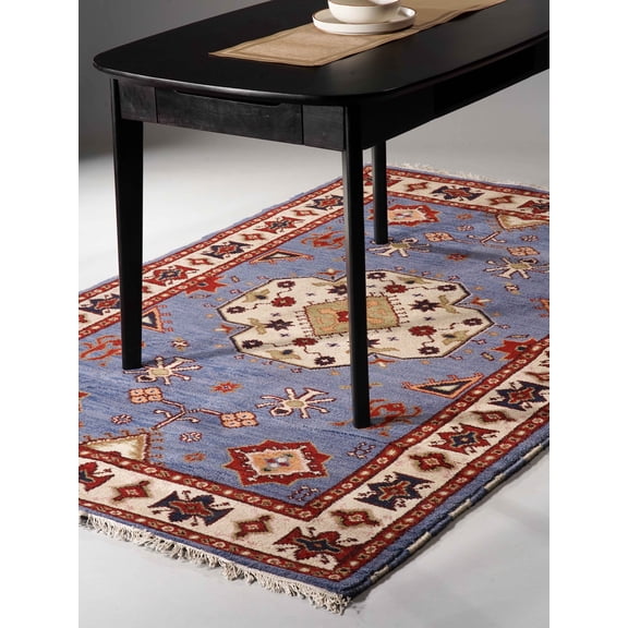 Rugsotic Carpets Hand Knotted Wool & Silk Eco-Friendly Oriental 6'x9' Area Rugs Rectangle Blue White Classic Traditional Design High Pile Indoor Handmade Rug for Living Room, Bedroom AF0108