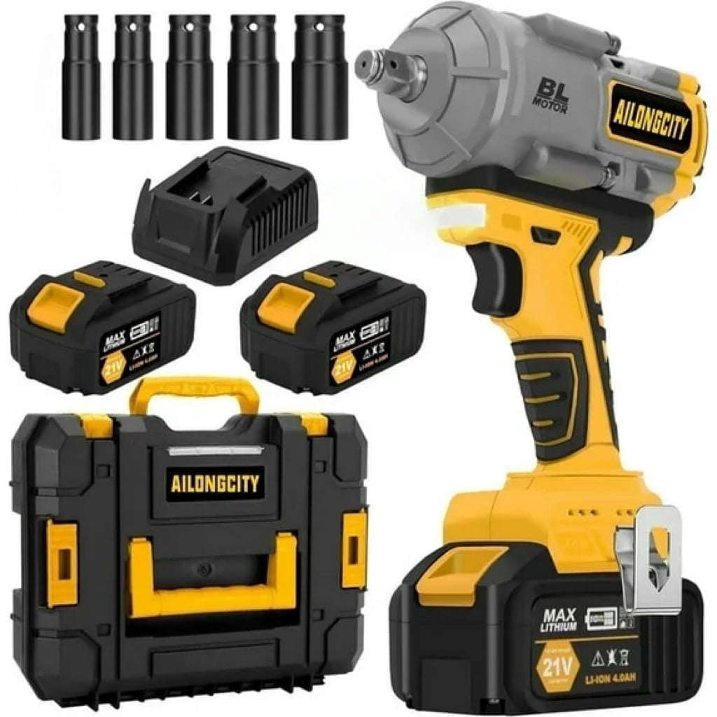 1000N.m(740ft-lbs) Cordless Impact Wrench, 1/2 Inch High Torque Brushless 21V Impact Gun w/ 2 x 4.0Ah Battery & Fast Charger & 5 Sockets, Pistola De Impacto for Home Car Tires Truck Mower