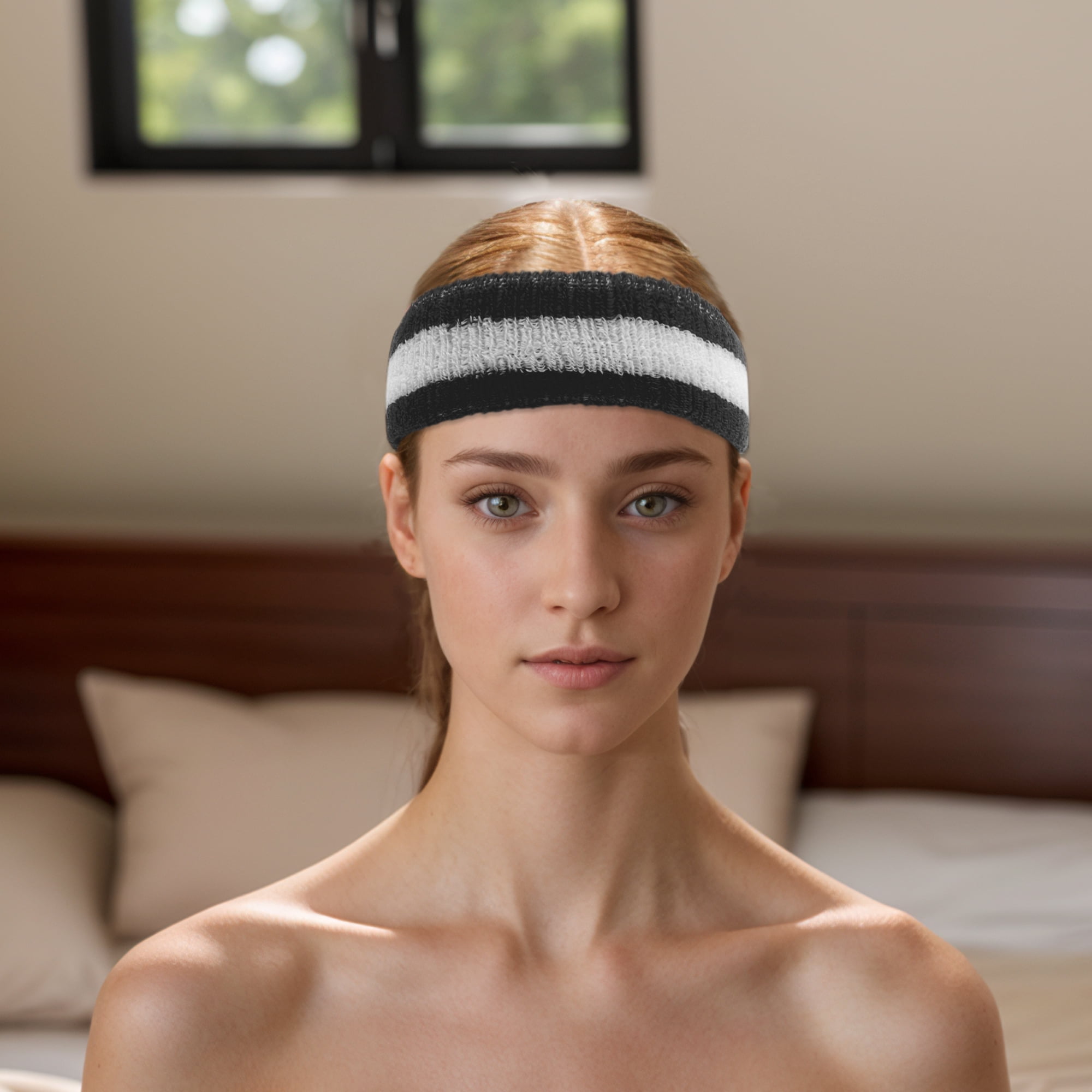 Unique Bargains 3Pcs Headband with Wristband Sweat Headband Black White