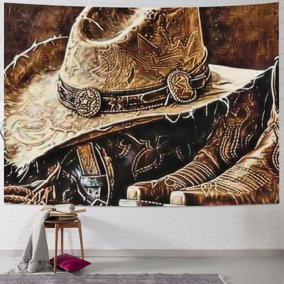 Bciig Cowboy Hat Boots Western Art Tapestry Wall Hanging Unique Style Graphic Tapestries Home Wall Decor Art for Living Room Bedroom Apartment Farmhouse Dorm 40x30inch