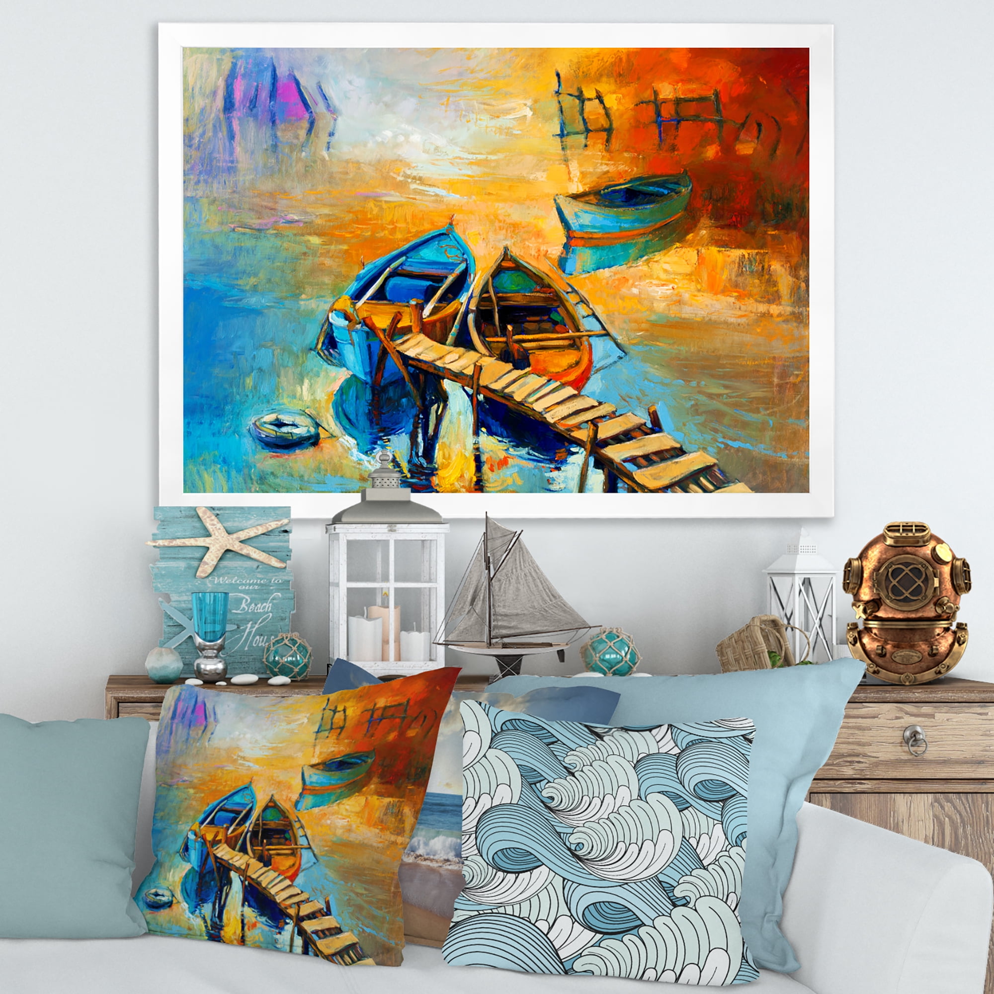 Boat At The Lake During Evening Glow V 32 in x 16 in Framed Painting Canvas Art Print, by Designart