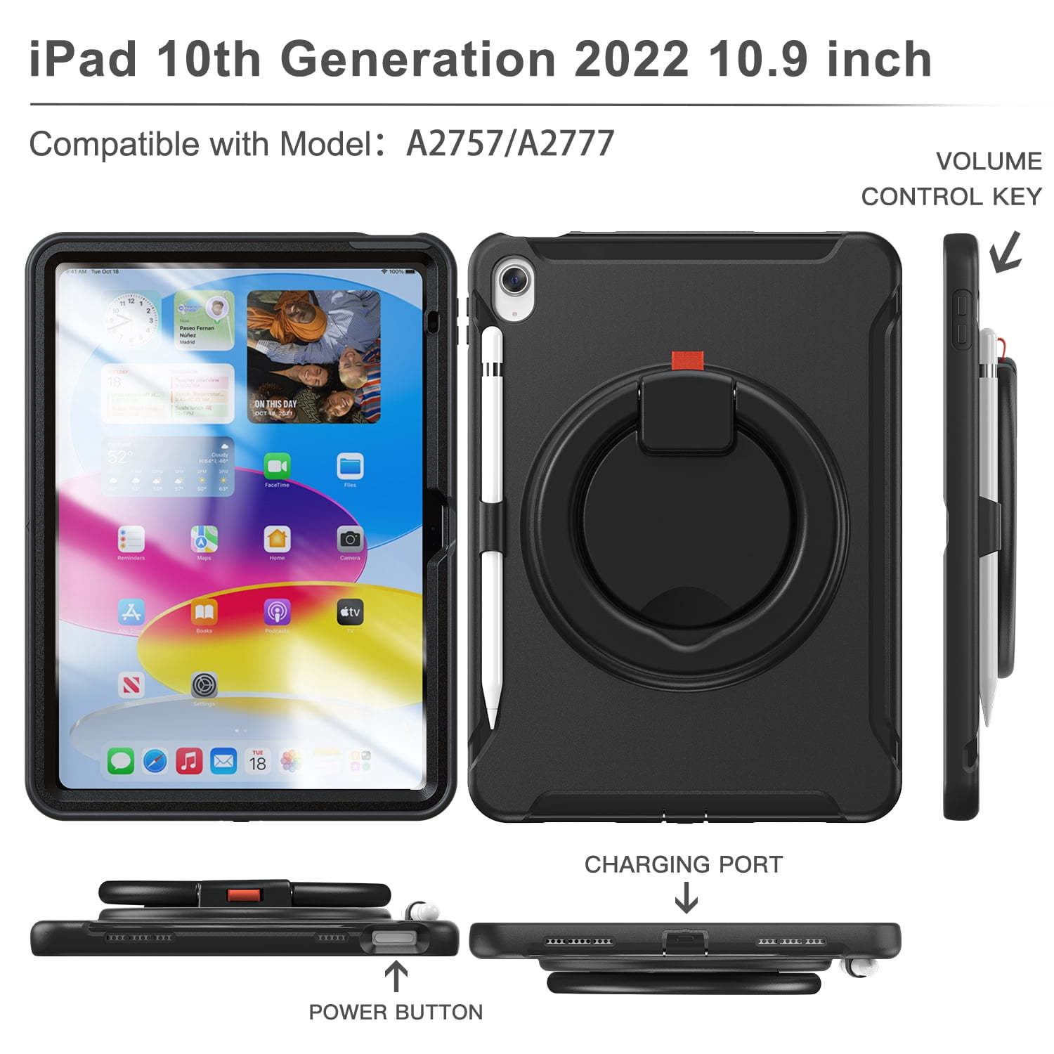 Dteck Case for iPad 10th Generation 10.9 inch 2022 with Hand Grip, Portable Carrying Rugged Shockproof Cover with Rotatable Stand Pencil Holder for Apple iPad 10th Gen,Black