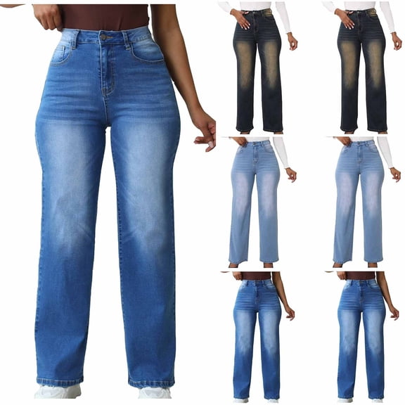 Miluxas Woman Wide Leg Jeans High Waisted Baggy Jeans Elastic Waist Stretchy Jean Straight Leg Denim Pants Navy 10(XL)