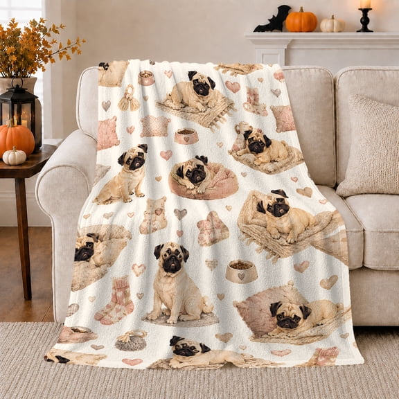 Whimsical Fawn Pug Collage Off-White Quilted Background, Playful Pet Portrait Pattern, Warm Flannel Blanket for Living Room and Bedroom, Dog Lovers Just Because Gift, Pet Lover Home Decor