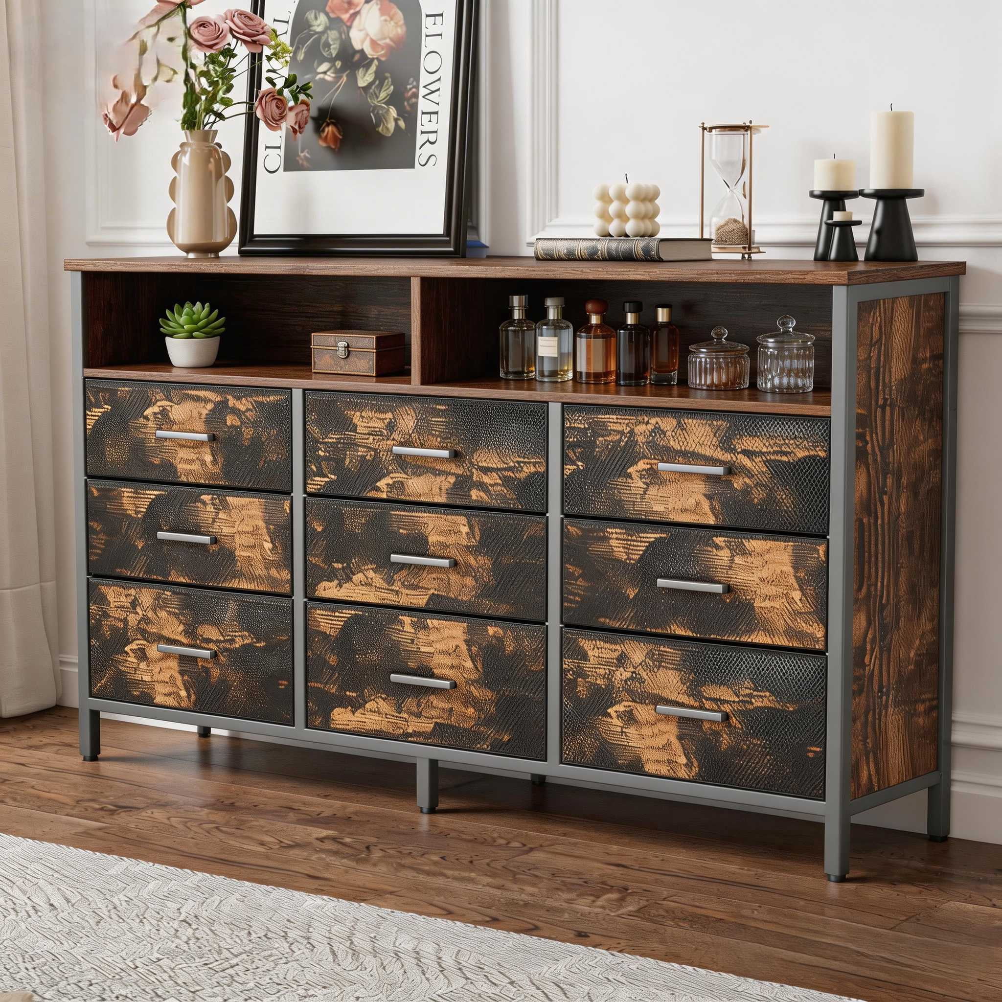 UBesGoo 9 Drawer Wood Dresser for Bedroom, Modern Dressers Storage Organizer Cabinet for Living Room, Entryway, Hallway Brown
