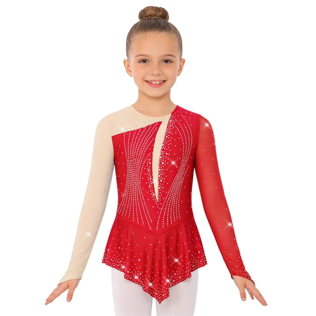 Runhomal Kids Girls Sparkly Rhinestones Figure Ice Skating Dress Long Sleeve Color Block Gymnastics Ballet Dance Dress Red 8