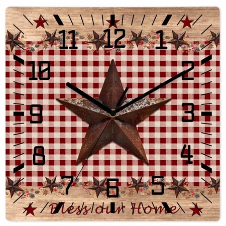 Country Star Farm Wooden Wall Clock Silent Non Ticking, Farmhouse Plaid Texas Vintage Fruit Square