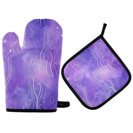 

2pcs kitchen insulation gloves Oven Mitts and Pot Holders Sets Heat Resistant kitchen insulation pad Purple Background with White Line