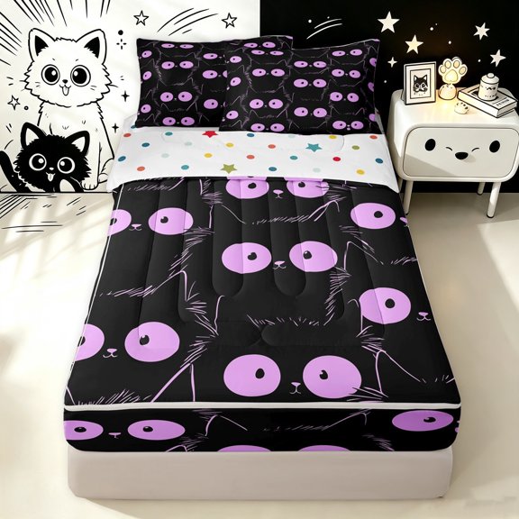 Manfei Cartoon Cat Zipper Twin Comforter Sets with Fitted Sheet and 2 Pillowcases, Kawaii Abstract Kitten Zipper Bedding Set, Black Orchid, Polkadot Reversible, 4pcs
