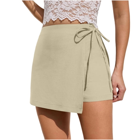 PWPSG Womens High Waist Wrap Skort, Side Tie Detail with Built-in Shorts, Soft Fabric for Casual Vacation Outfits Beige XL
