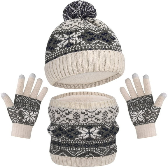 Vbiger Kids Hat and Gloves Scarf 3PCS Winter Set Warm Knit Beanie Cap, Circle Scarf, Touchscreen Glove with Fleece Lining for Children Boys Girls Age 5 - 10, Beige