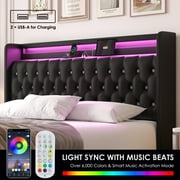 Homfa King Size LED Bed Frame with Outlets and USB Ports & Display Platform, 4 Storage Drawers Modern Wingback PU Leather Crystal Button Upholstered Platform Bed Frame, Black