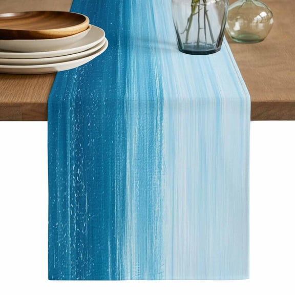 Sky Blue Ombre Table Runner, Modern Abstract Art Ocean Oil Painting Washable Cotton Linen Table Runners 90 Inches Long, Dresser Scarf Runner for Dining/Coffee/Kitchen/Hallway Tables 13''x90''