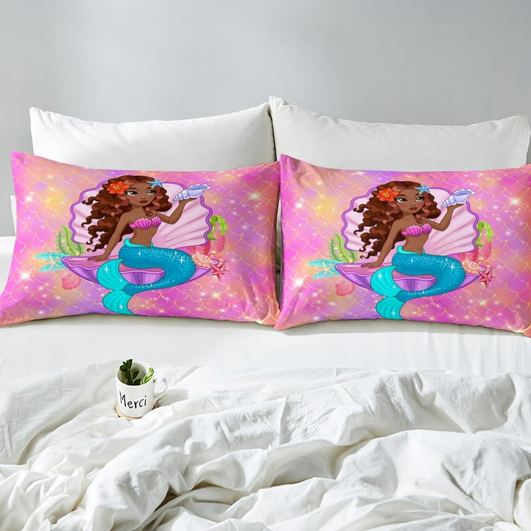 YST Lovely Black Girl Bedding Sets Full Princess Mermaid Comforter Cover Cute Sea Animal Theme Bed Set Pink Glitter Scales Duvet Cover Blue Mermaid