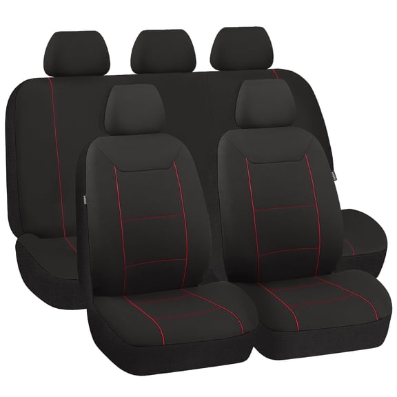 Auto Drive Red Piping with black Fabric Full Set Car Seat Covers,Front and Rear Split Bench,Universal Fit for Cars Trucks and SUVs