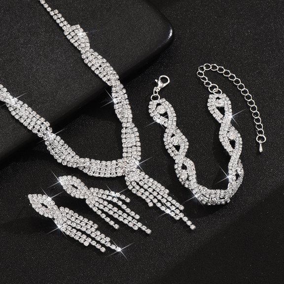 Faty-T Bride Silver Necklace Earrings Set Crystal Bridal Wedding Jewelry Rhinestone Choker Neckalce for Women and Brides