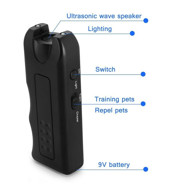 Handheld Dog Repellent Ultrasonic Dog Trainer Portable Electronic Dog Deterrent with Bright LED Flashlight Waterproof Battery Included Black