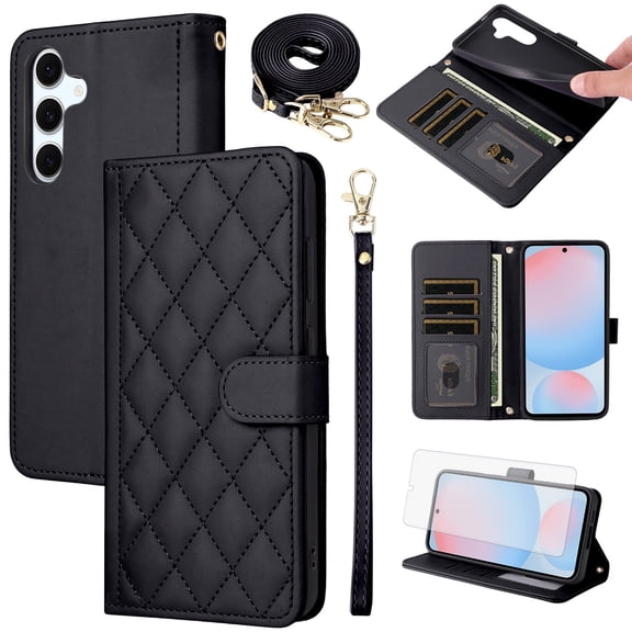 Furiet Argyle Wallet Case for Samsung Galaxy A15 5G/4G with Tempered Glass Screen Protector Wrist Strap Shoulder Strap, Card Slots Luxury PU Leather Stand Phone Cover for A 15 G5 15A Women Men Black