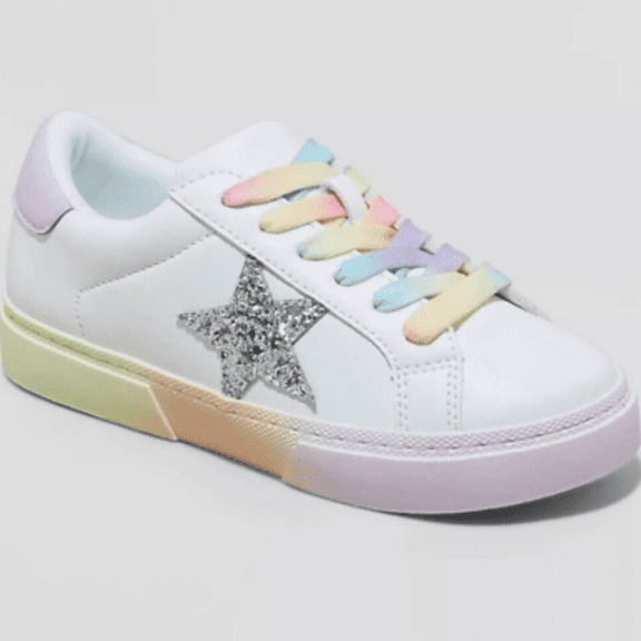 Kids White and Multicolor Star Sneakers Size: 5