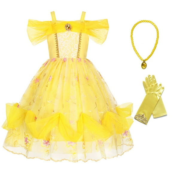 Vestido de princesa Bella La Bella y La Bestia Cosplay vestidos de niñas para fiesta de lujo disfraz de niños guantes de corona rosa ropa para niños 7-8T Gao Jinjia LED