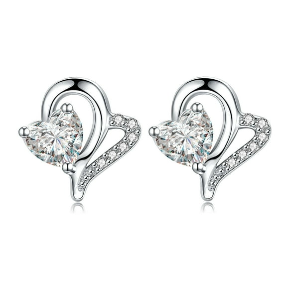 Cuoka Heart Stud Earrings 925 Sterling Silver Halo Cubic Zirconia Earrings 18K White Gold Plated Hypoallergenic for Women Mom Wife Charm Jewelry Birthday Xmas Gift for Sensitive Ears