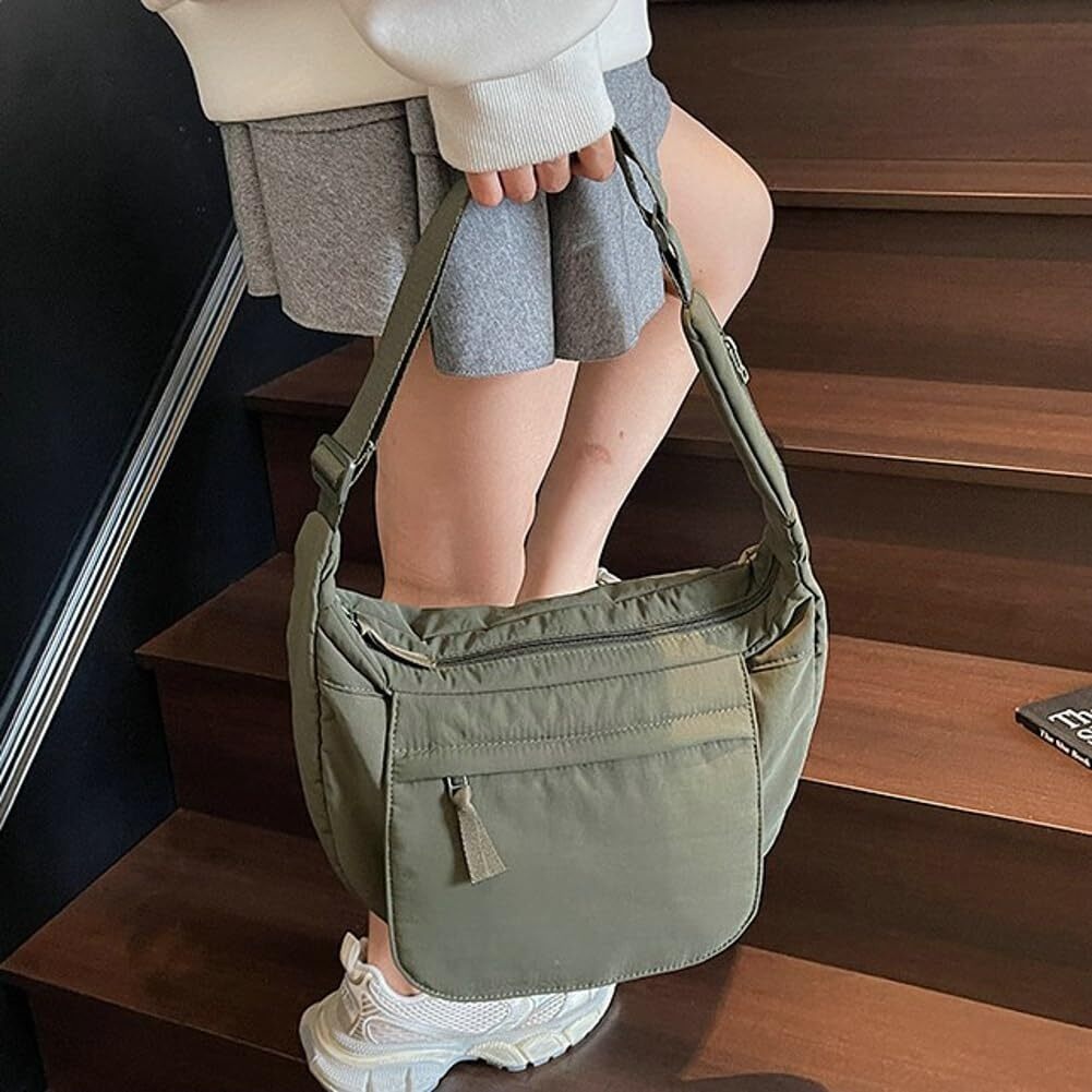 LKJYER Slouchy Nylon Bags for Women 2025 Crescent Crossbody Bag Hobo Shoulder Purse Work Travel Tote Handbag Everyday Purses