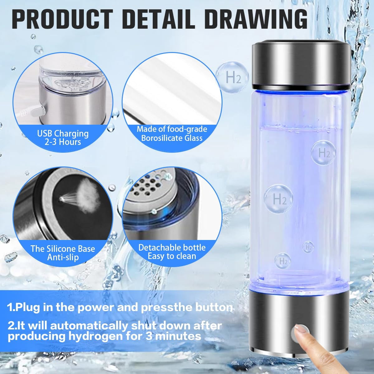 H2next Hydrogen Water Bottle, Hydrogen Water Generator with SPE & PEM Technology, Portable, 14.2 OZ, Silver