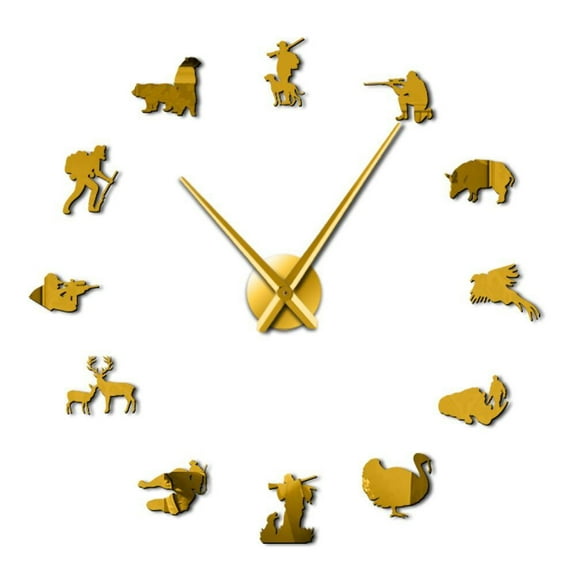 Hunter Wild Animals Courser Deer Designer Giant Wall Clock Hunting Hobby Creature Bear Boar Profile Room Wall Art Decor Clock(Gold,47inch)