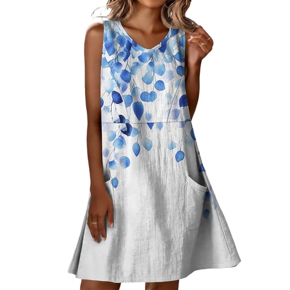 Dresses for Women Cute Floral Flowy Summer Dresses Aline Sleeveless Casual V Neck Sundress with Pockets