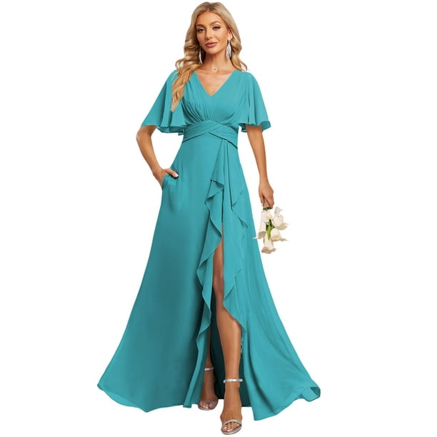 deamify Plus Size V Neck Long Chiffon A Line Flutter Sleeve Bridesmaid Dress  2025 for Women Aqua Blue Side Split V Neck Wedding Formal Party Dress with  Pockets 18W | Bodega Aurrera