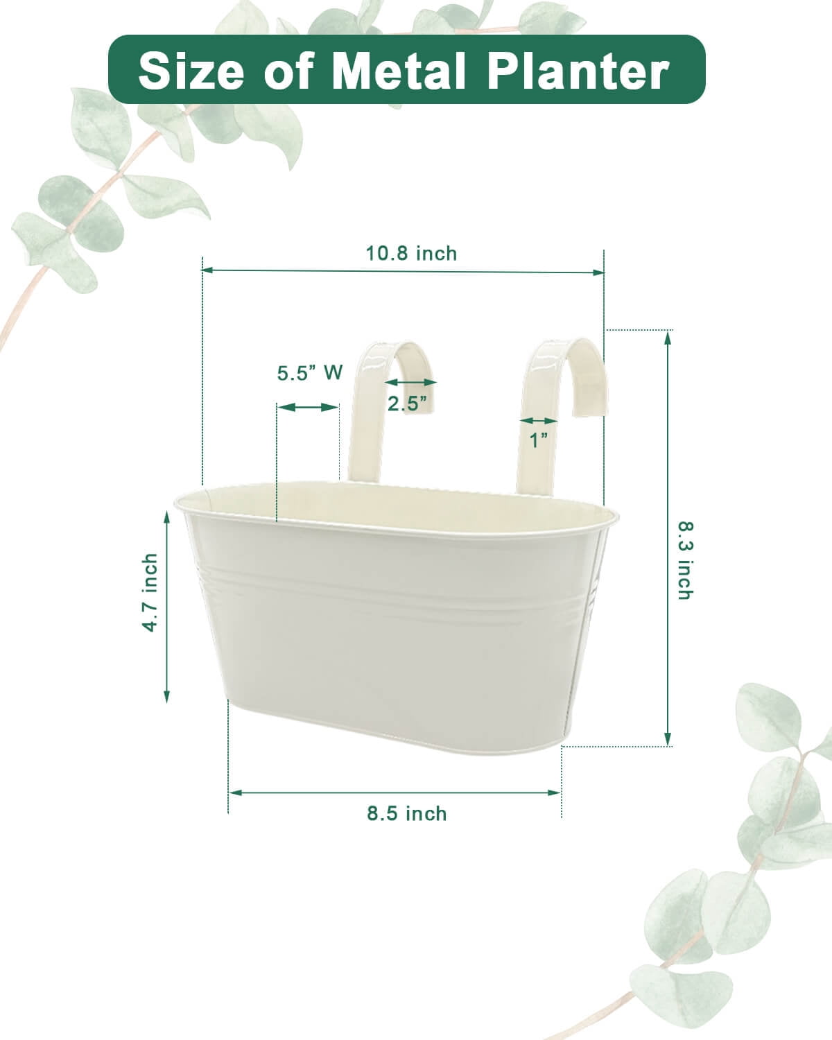Metal Railing Planter for Outdoor Plants - 5 Pack Balcony Hanging Flower Pots with Detachable Hooks and Drain Holes Oval Bucket Rail Box Fence Planters for Home Garden Decor, White