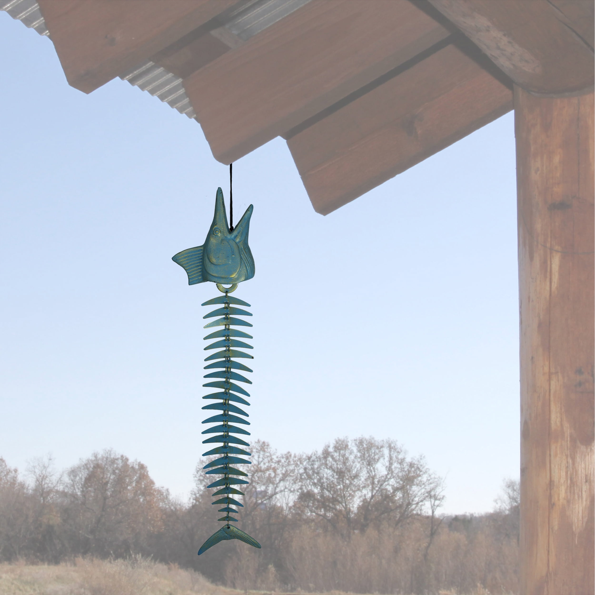Rivers Edge Products Rivers Edge Products 14" Brass Wind Chime for Outside - Weather-Resistant Soothing Metal Wind Bell - Rustic Fish Skeleton Outdoor Decor for Patio, Garden, Porch, Cabin - Marlin