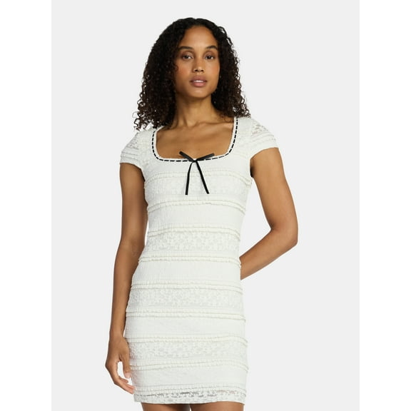 Madden NYC Women’s Texture Lace Mini Dress with Short Sleeves, Sizes XXS-XXL