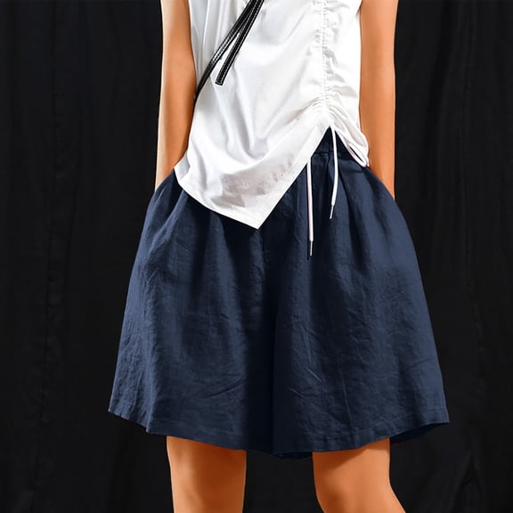 Vhkiploz Summer Shorts for Women Knee-Length Elastic Waist Wide Leg Shorts High Waisted Outerwear Loose Breathable Summer Home Shorts Dark Blue L
