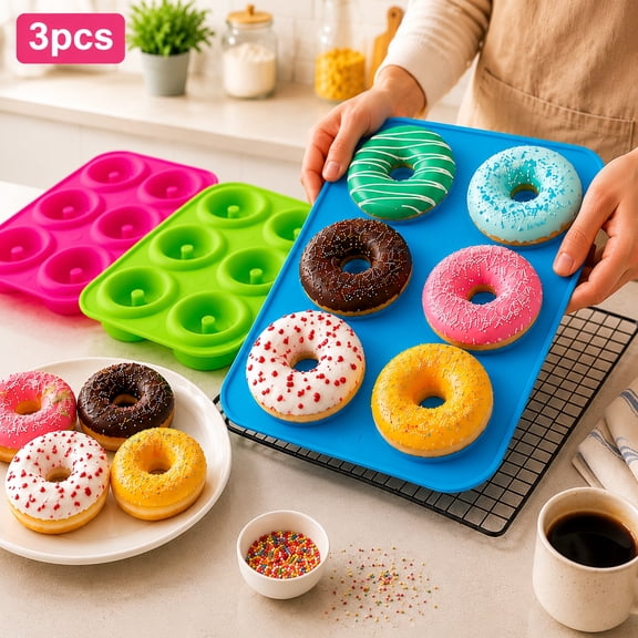 3-Pack Silicone Donut Baking Pan Set - Non-Stick 6-Cavity Mold for Homemade Donuts, Muffins, Cupcakes, Cakes, Bagels & Pastries , Oven, Microwave & Dishwasher Safe - Easy Release & Clean (Multicolor)