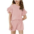 thumbnail image 2 of MKOSPLRT 3-15 Years Athletic Outfits for Girl Ruffle Sleeve Tops and Elastic Waist Drawstring Shorts Solid Baggy Running Sweatsuits 2 Piece, 2 of 9