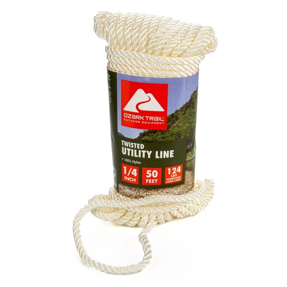 Ozark Trail 1/4 in. x 50 ft Twisted Nylon Utility Line, White, 124 lb Working Load