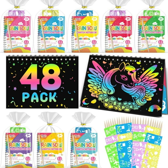 Party Favors Birthday Gifts for Kids: 48 Pack Scratch Art Notebook Party Favors for Kids Goodie Bags Stuffers for 3-8 Year Old Girls Boys Art Craft Kit for Classroom Halloween Birthday Christmas Gifts