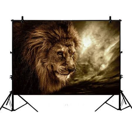 Image of PHFZK 7x5ft Animal Backdrops Brown Fierce Lion Against Stormy Sky Photography Backdrops Polyester Photo Background Studio Props