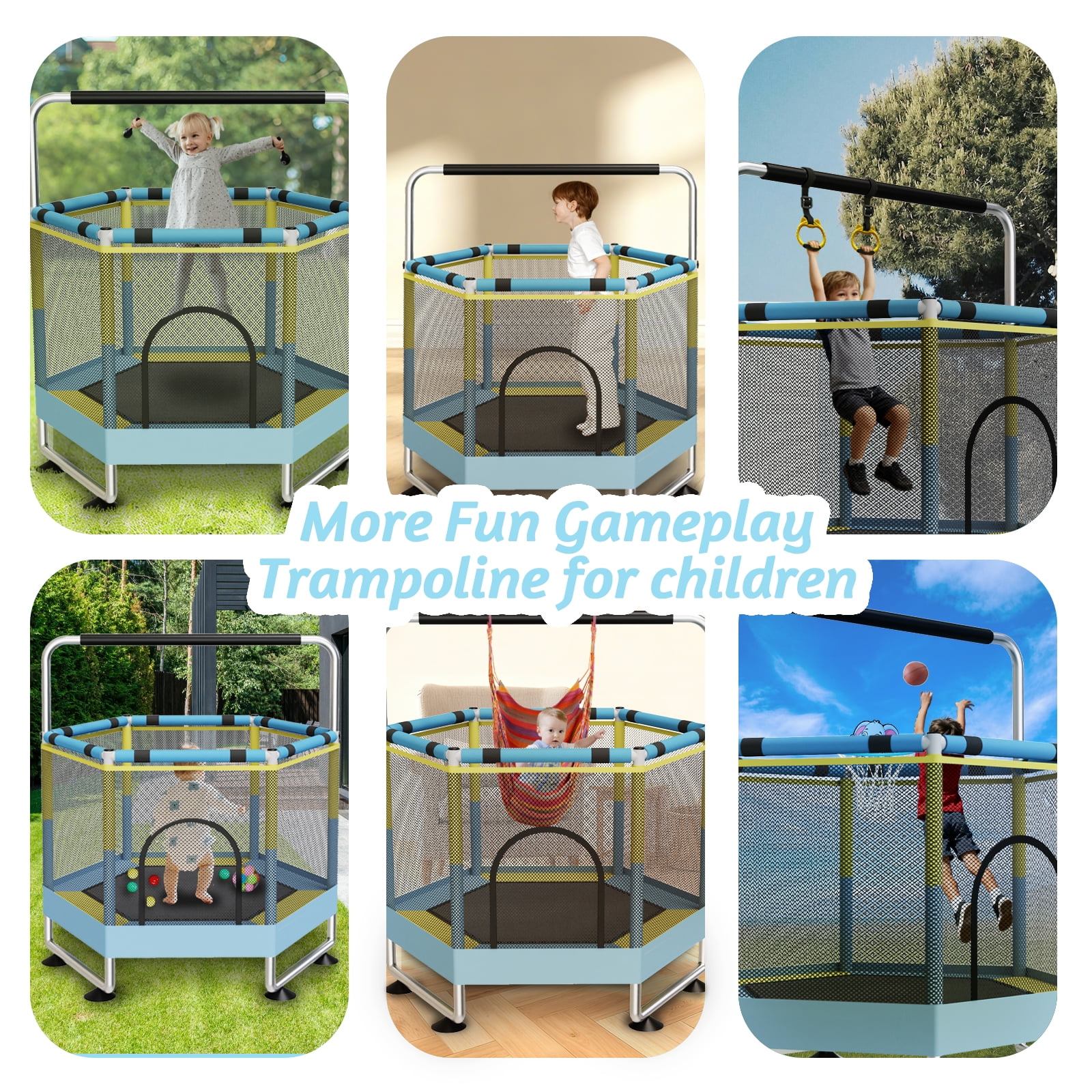 62" Trampoline for Kids with Enclosure, Indoor & Outdoor Toddler Trampoline with Adjustable Gymnastics Bar & Toys, for Boys & Girls, 440lbs, Yellow&Green