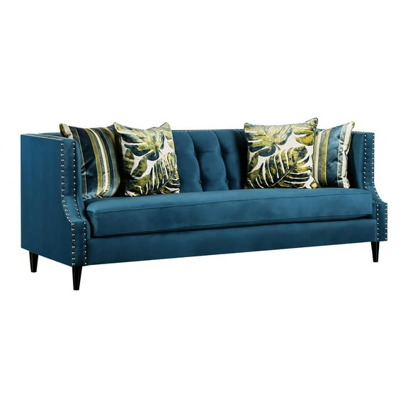 Furniture of America Boree Transitional Fabric Tufted Sofa in Dark Teal Blue