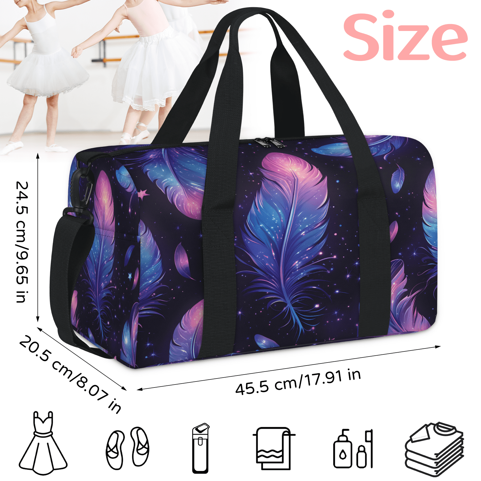 Herdesigns Watercolor Feather Gym Bag for Women, Duffle Bag for Travel Sport, Lightweight Waterproof Carry on Weekender Dance Yoga Workout Bags