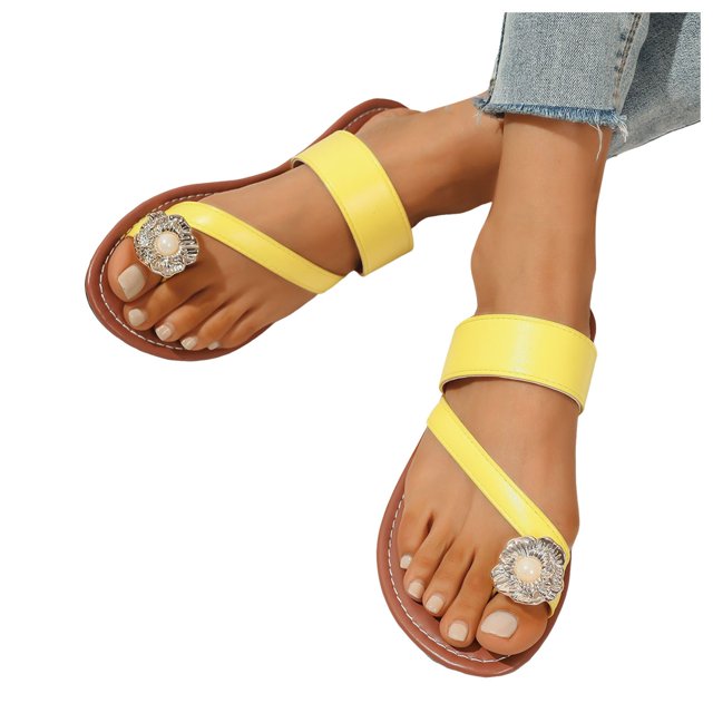 Womens Flip Flops Bohemia Beach Summer Flower Pearl Toe Loop Slip on Flats Sandals Vacation Dress Slides